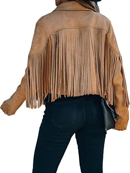 Camel Fringe Leather Jacket Womens-Back