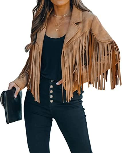 Camel Fringe Leather Jacket Womens-Front