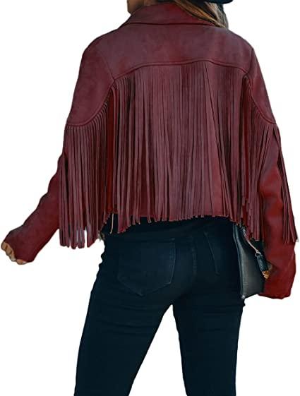 Wine Red Fringe Leather Jacket Womens-2