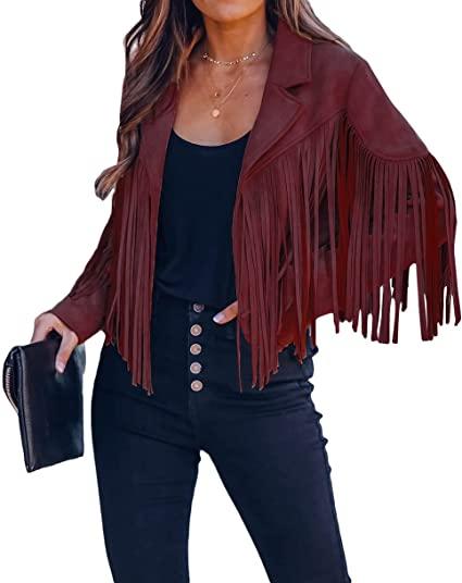 Wine Red Fringe Leather Jacket Womens