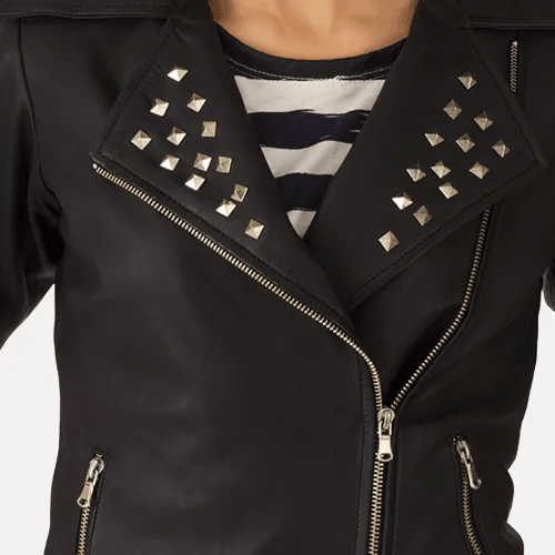 Women's Black Leather Jacket with Studs-3