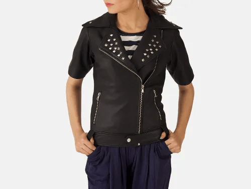 Women's Black Leather Jacket with Studs
