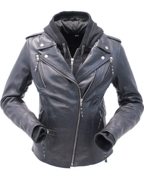 Women's Leather Jacket with Black Hoodie-1