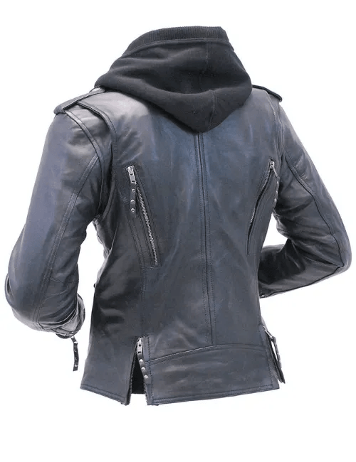 Women's Leather Jacket with Black Hoodie-3