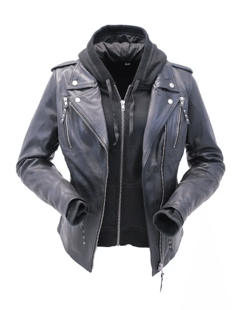 Women's Leather Jacket with Black Hoodie