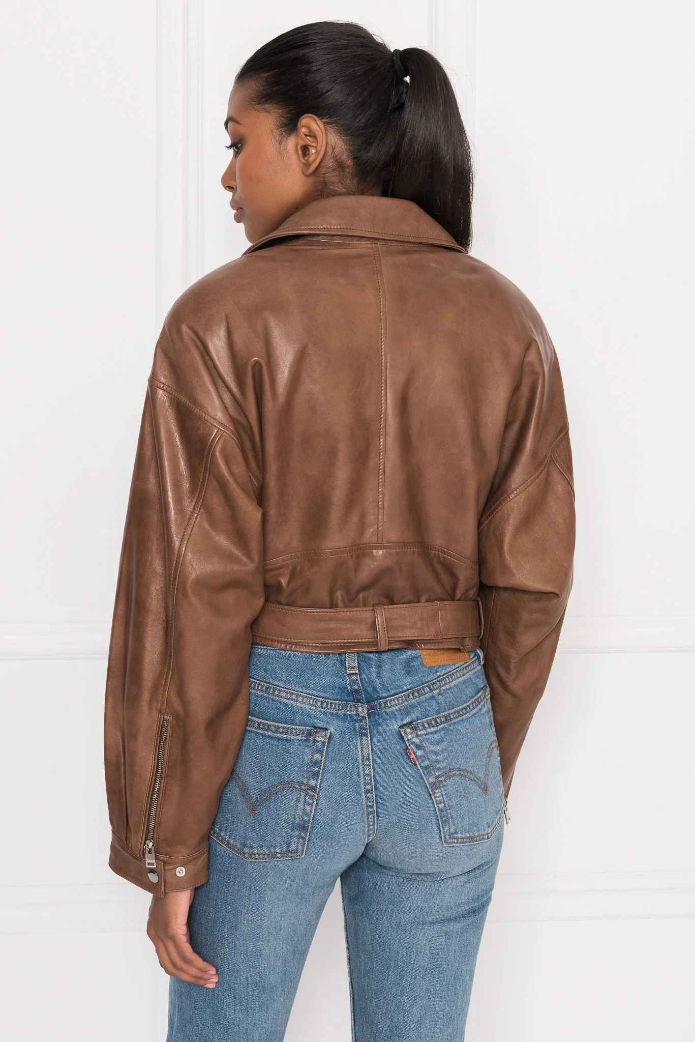 Womens-Brown-Biker-80s-Leather-Jacket-Back