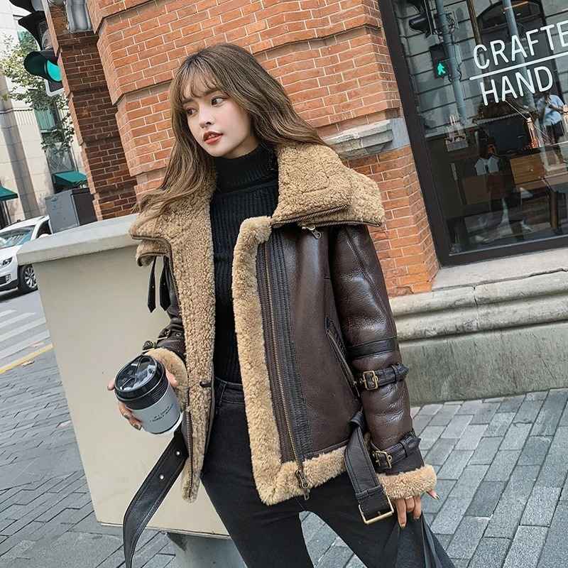 Womens-Brown-Leather-Shearling-Jacket-Model
