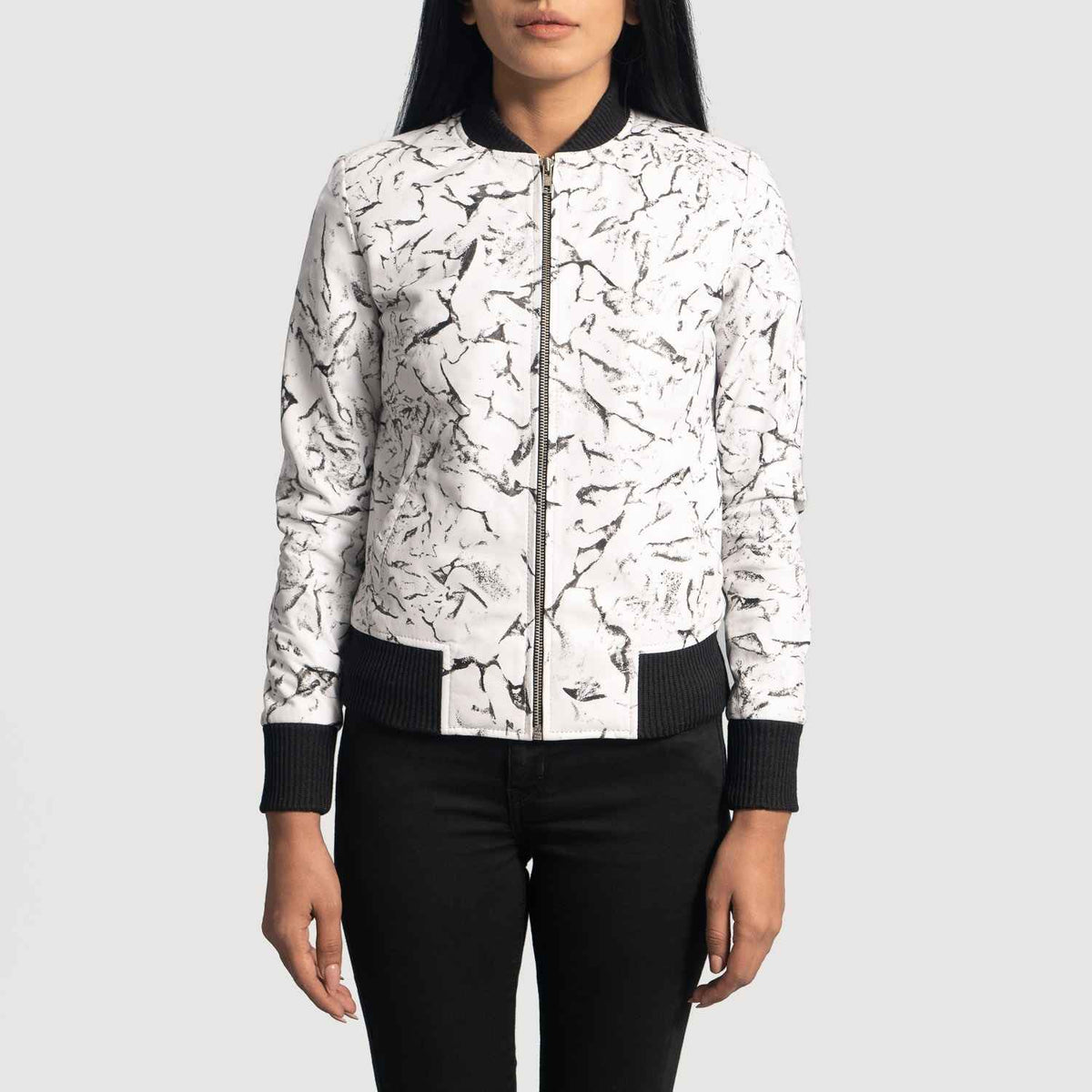 Womens-Donna-Blake-White-Leather-Bomber-Jacket-Front-Closed