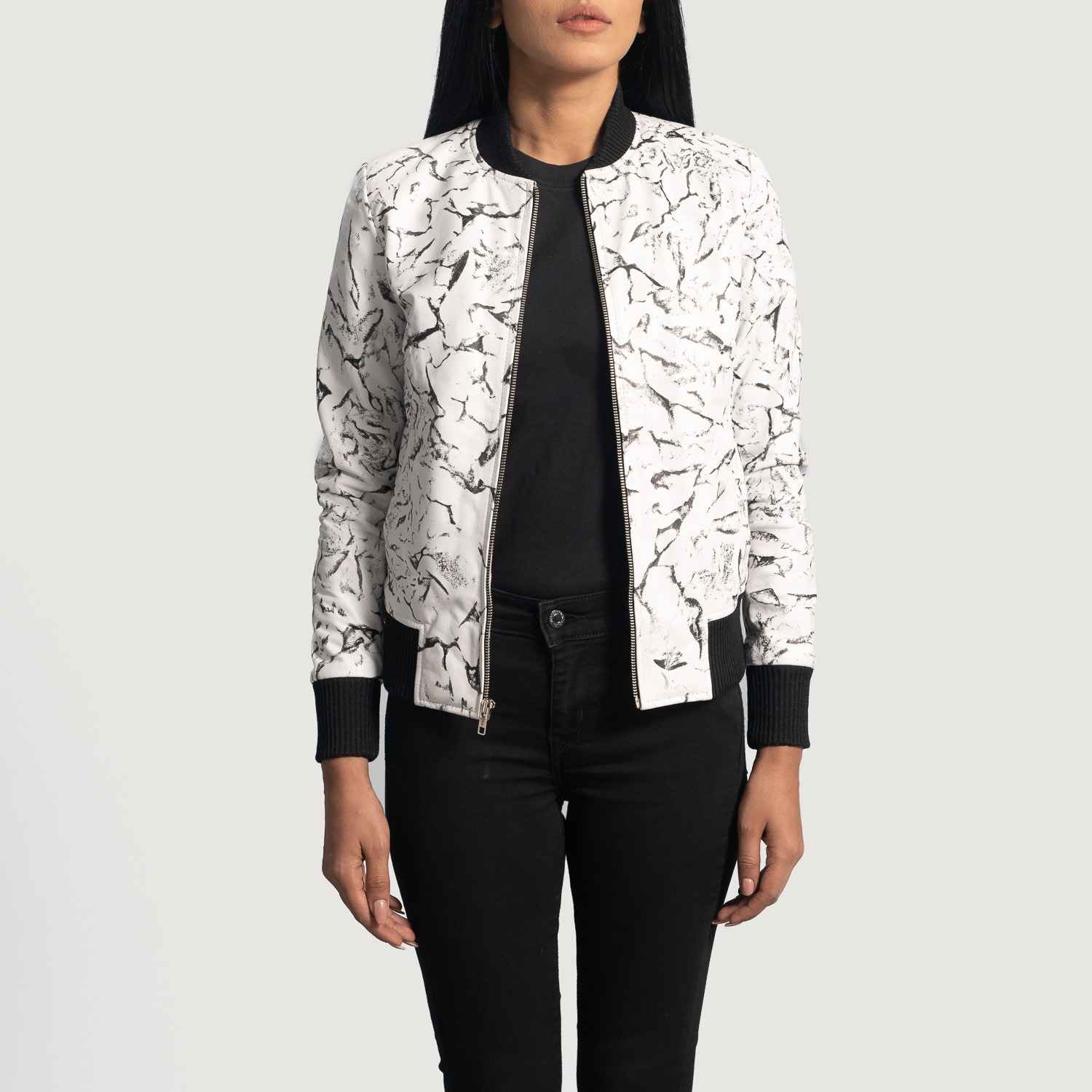 Womens-Donna-Blake-White-Leather-Bomber-Jacket-Front-Open