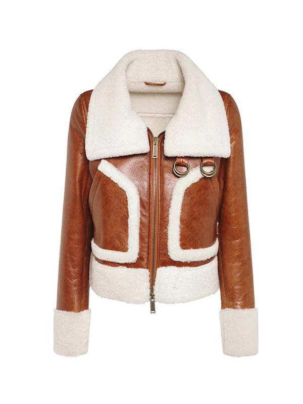 Womens B3 Shearling Brown Sheepskin Leather Jacket Front