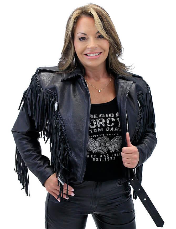 Womens Black Cropped Leather Jacket with Fringe-1