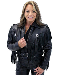 Womens Black Cropped Leather Jacket with Fringe-2