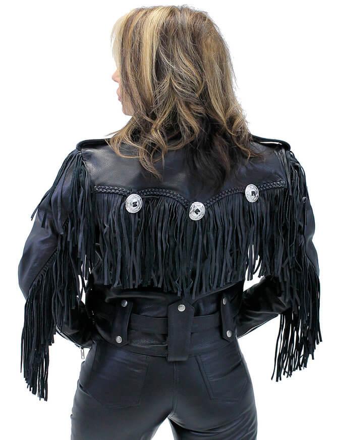 Womens Black Cropped Leather Jacket with Fringe-3