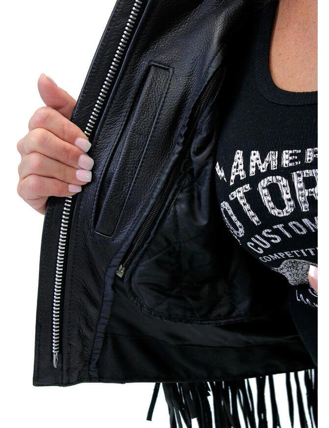 Womens Black Cropped Leather Jacket with Fringe-4