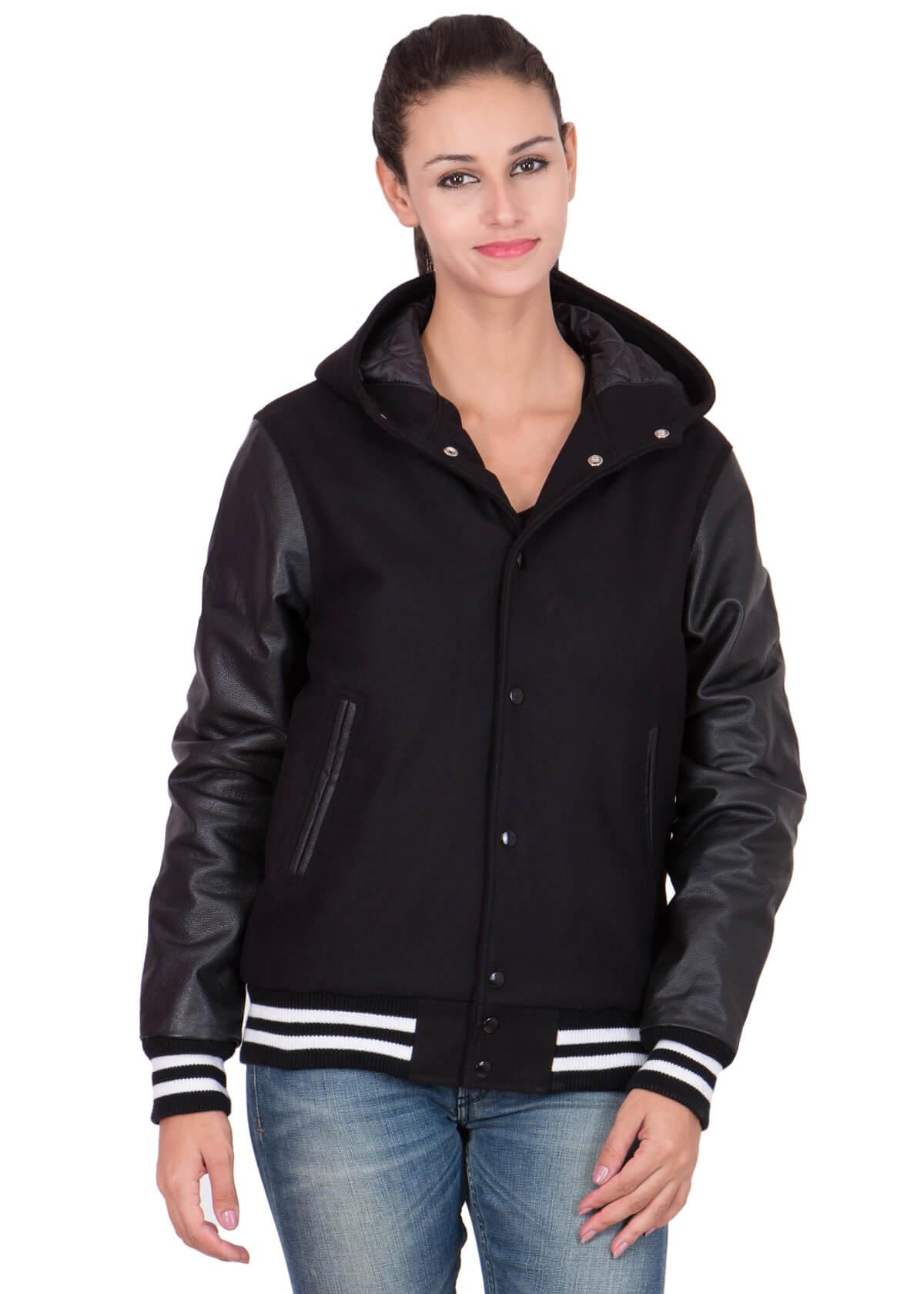 Womens Black Hood Varsity Jacket With Leather Sleeves-1