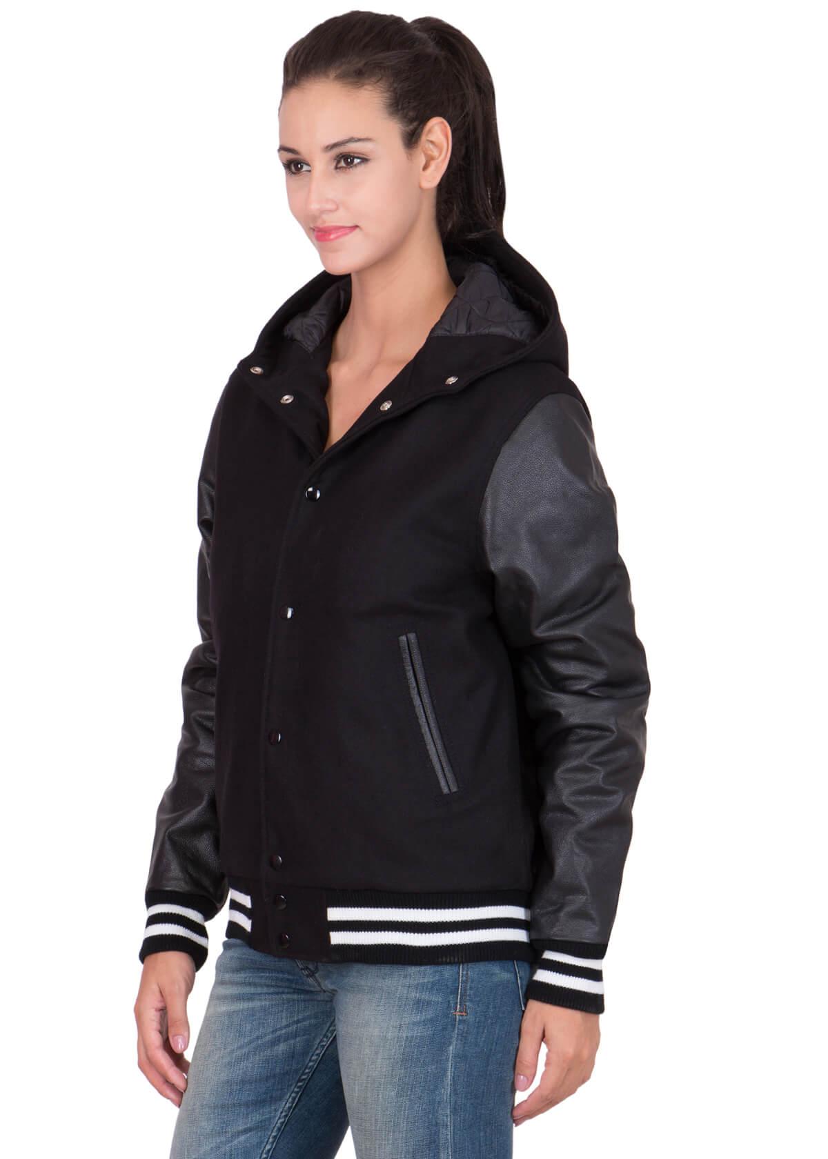 Womens Black Hood Varsity Jacket With Leather Sleeves – Leather Jacket ...