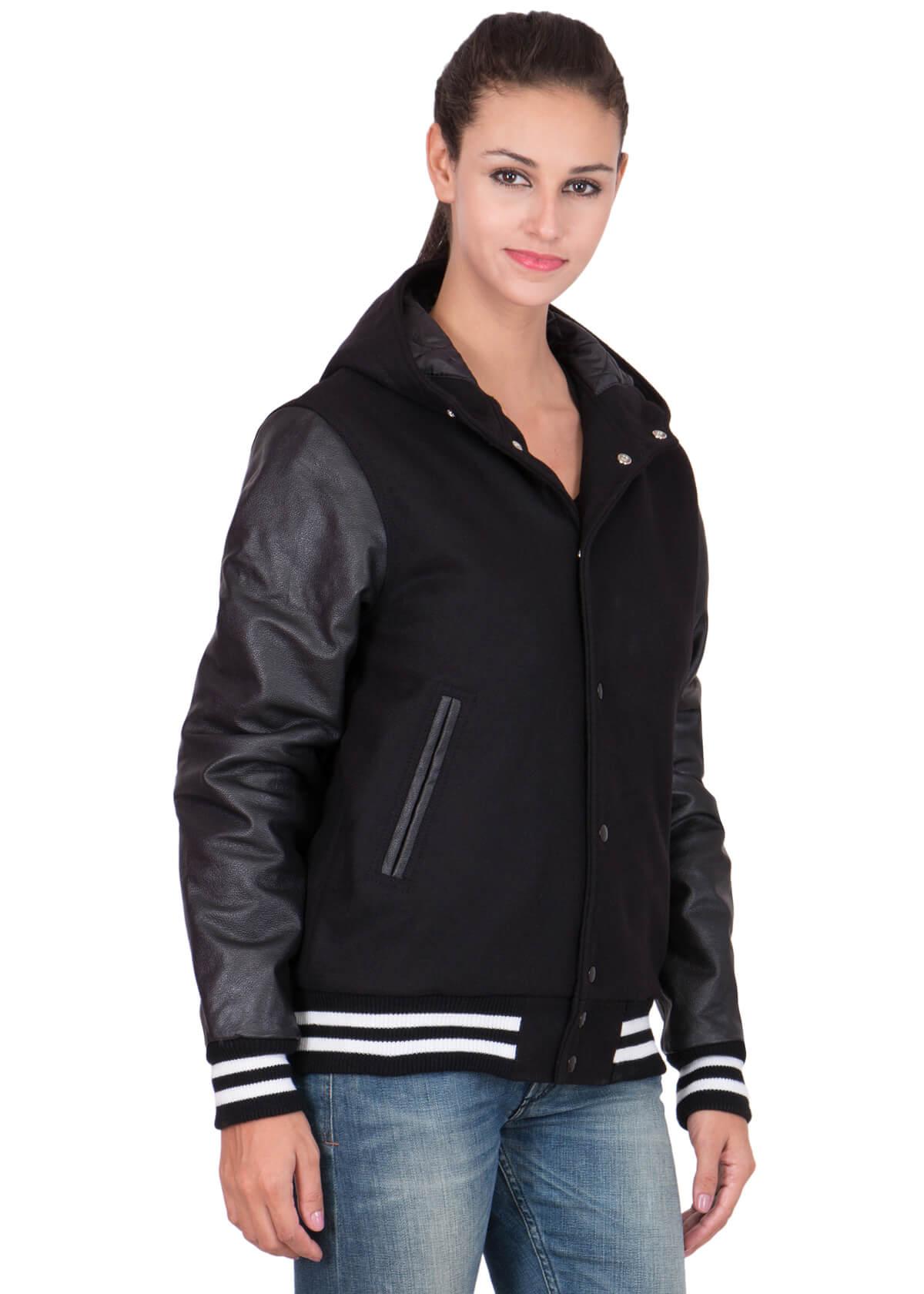 Womens Black Hood Varsity Jacket With Leather Sleeves – Leather Jacket ...
