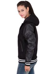Womens Black Hood Varsity Jacket With Leather Sleeves-4