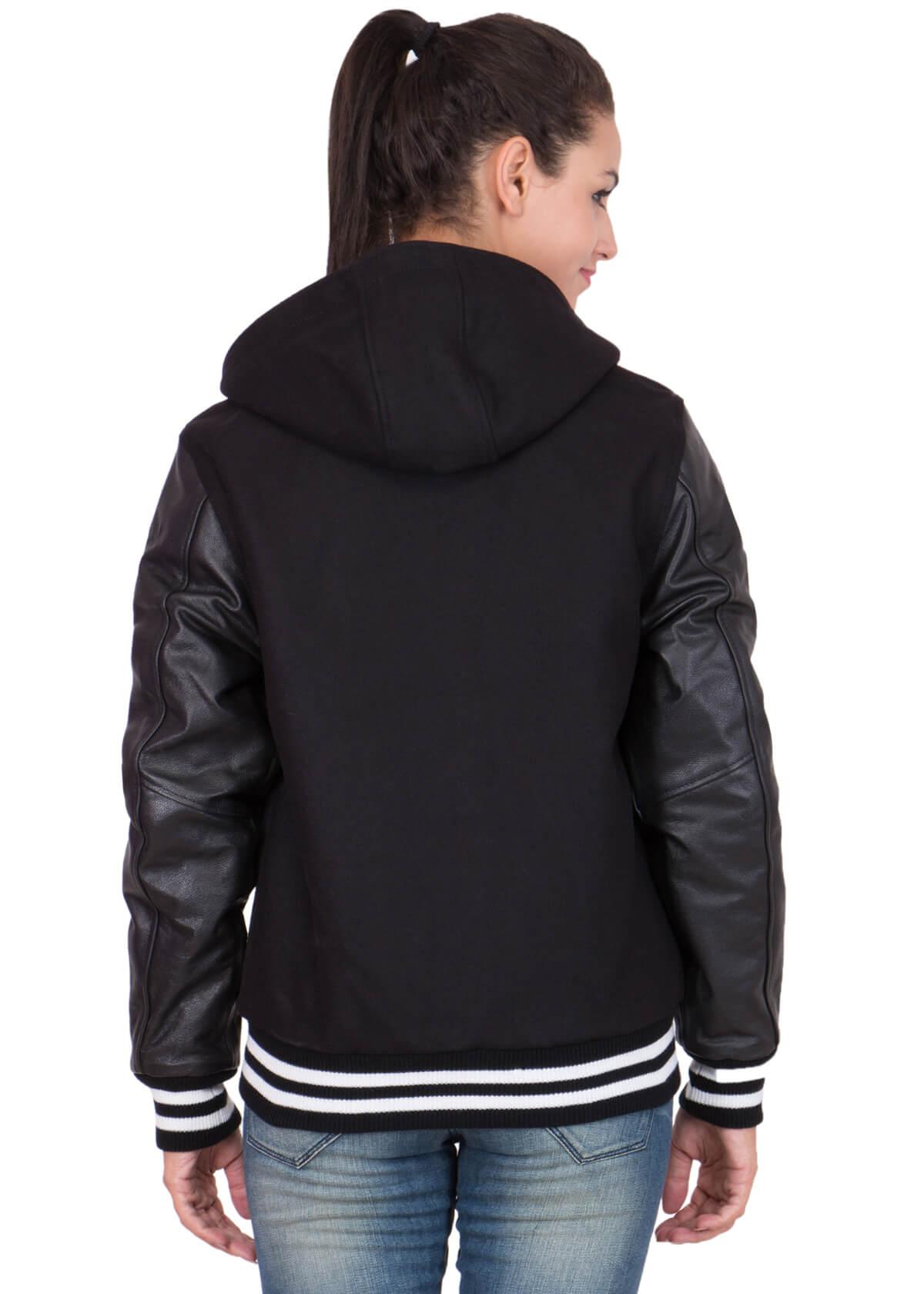 Womens Black Hood Varsity Jacket With Leather Sleeves-5