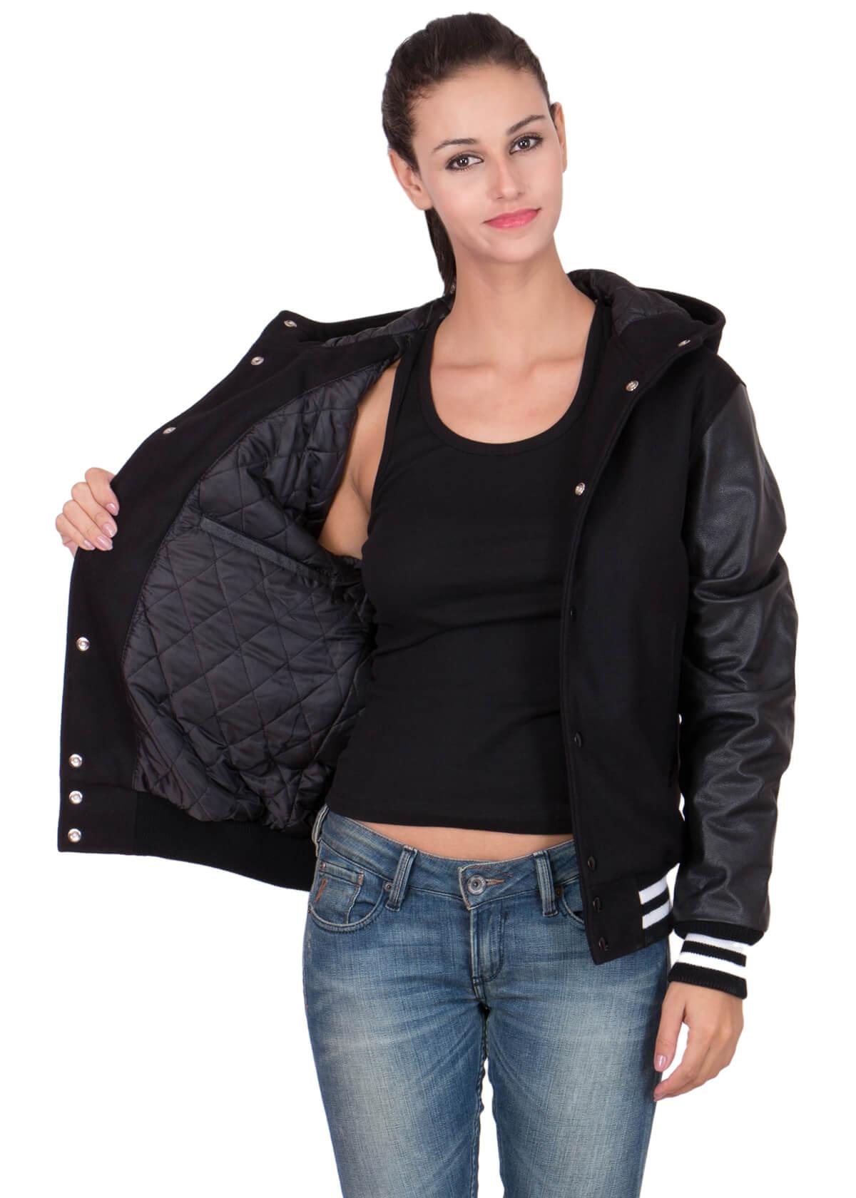 Womens Black Hood Varsity Jacket With Leather Sleeves-7