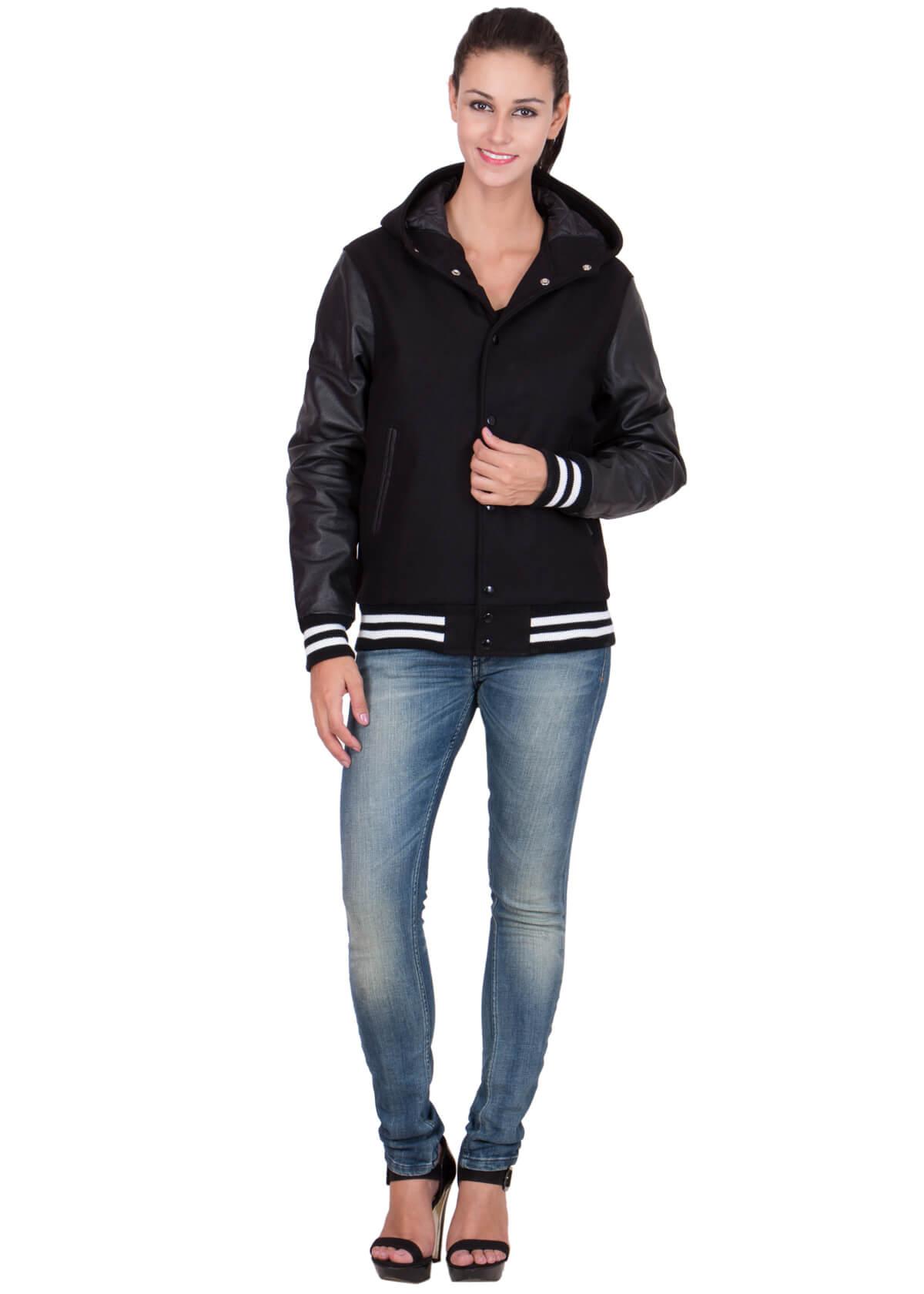 Womens Black Hood Varsity Jacket With Leather Sleeves-8