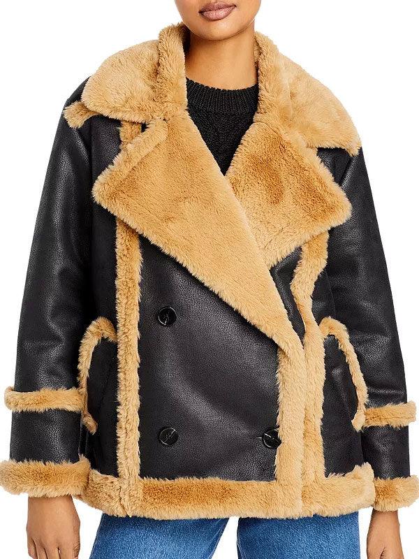 Womens Black Leather Shearling Double Breasted Jacket