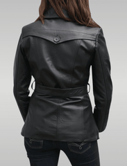 Womens Black Long Belted Leather Jacket Back