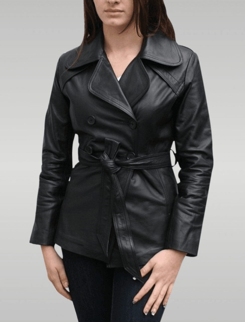 Womens Black Long Belted Leather Jacket Front