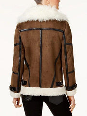 Womens Brown Asymmetrical Shearling Leather Jacket Back