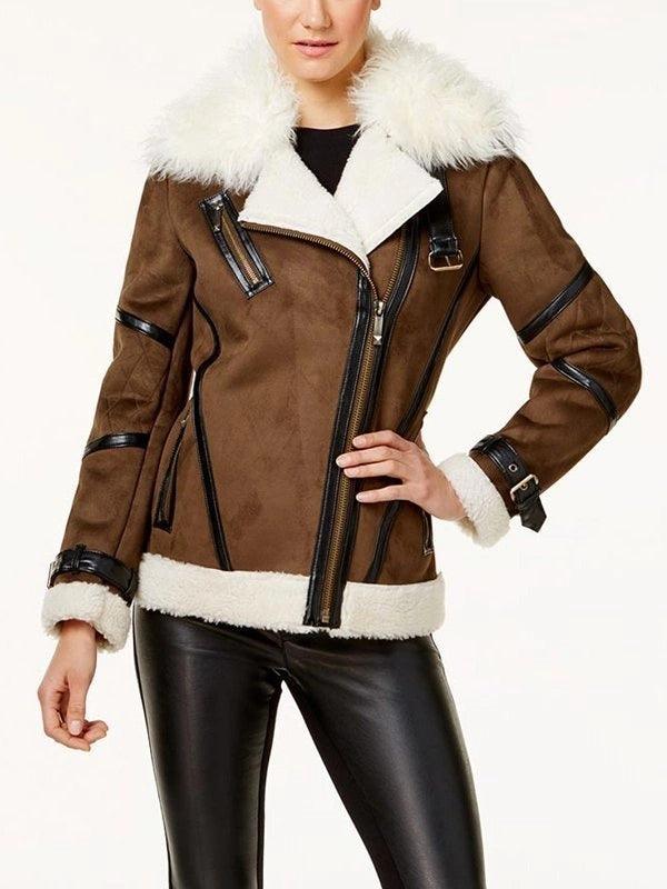 Womens Brown Asymmetrical Shearling Leather Jacket Front