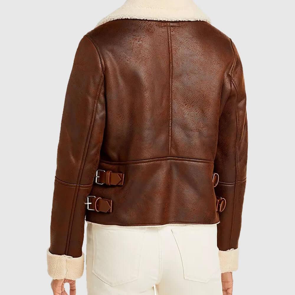 Womens Brown Leather Motorcycle Shearling Jacket Back
