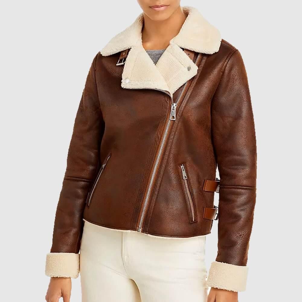 Womens Brown Leather Motorcycle Shearling Jacket Front