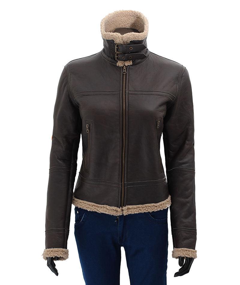 Women's Brown Warm Shearling Leather Jacket-1