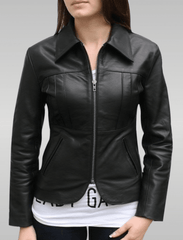 Womens Europian Style SlimFit Black Leather Jacket Front