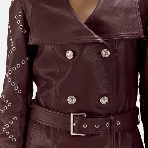 Maroon Leather Trench Coat Women-2