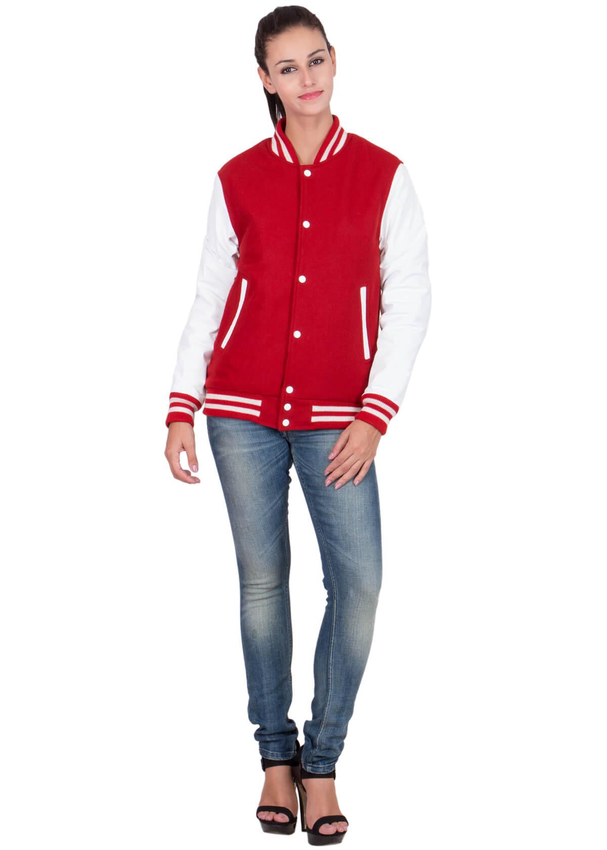 Womens Scarlet Red Varsity Jacket with White Leather Sleeves-1