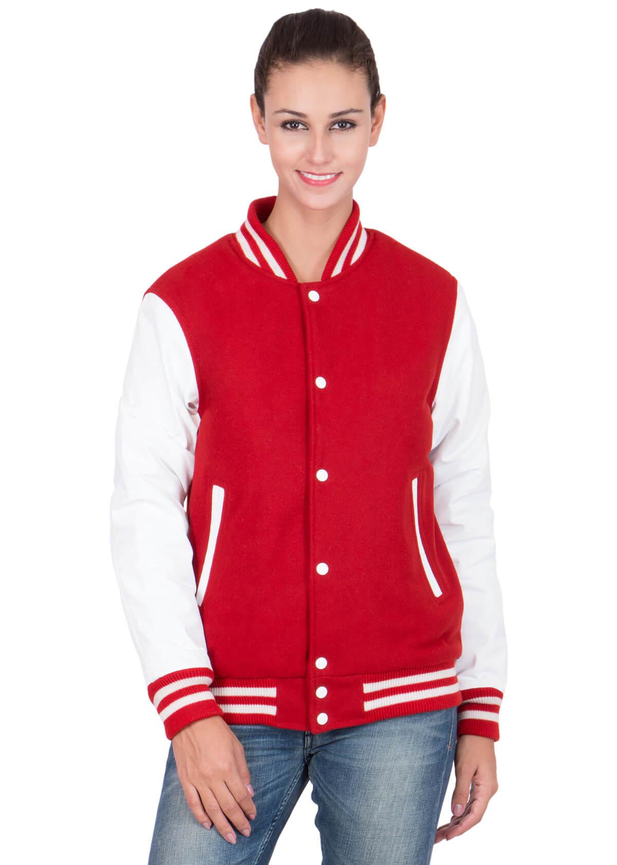 Womens Scarlet Red Varsity Jacket with White Leather Sleeves-2