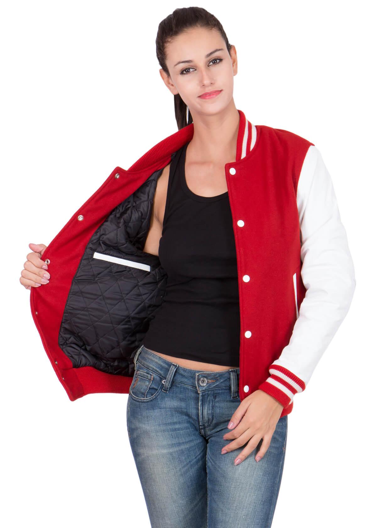 Womens Scarlet Red Varsity Jacket with White Leather Sleeves – Leather ...