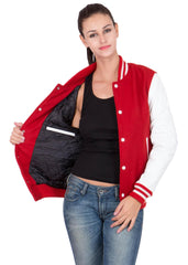 Womens Scarlet Red Varsity Jacket with White Leather Sleeves-3
