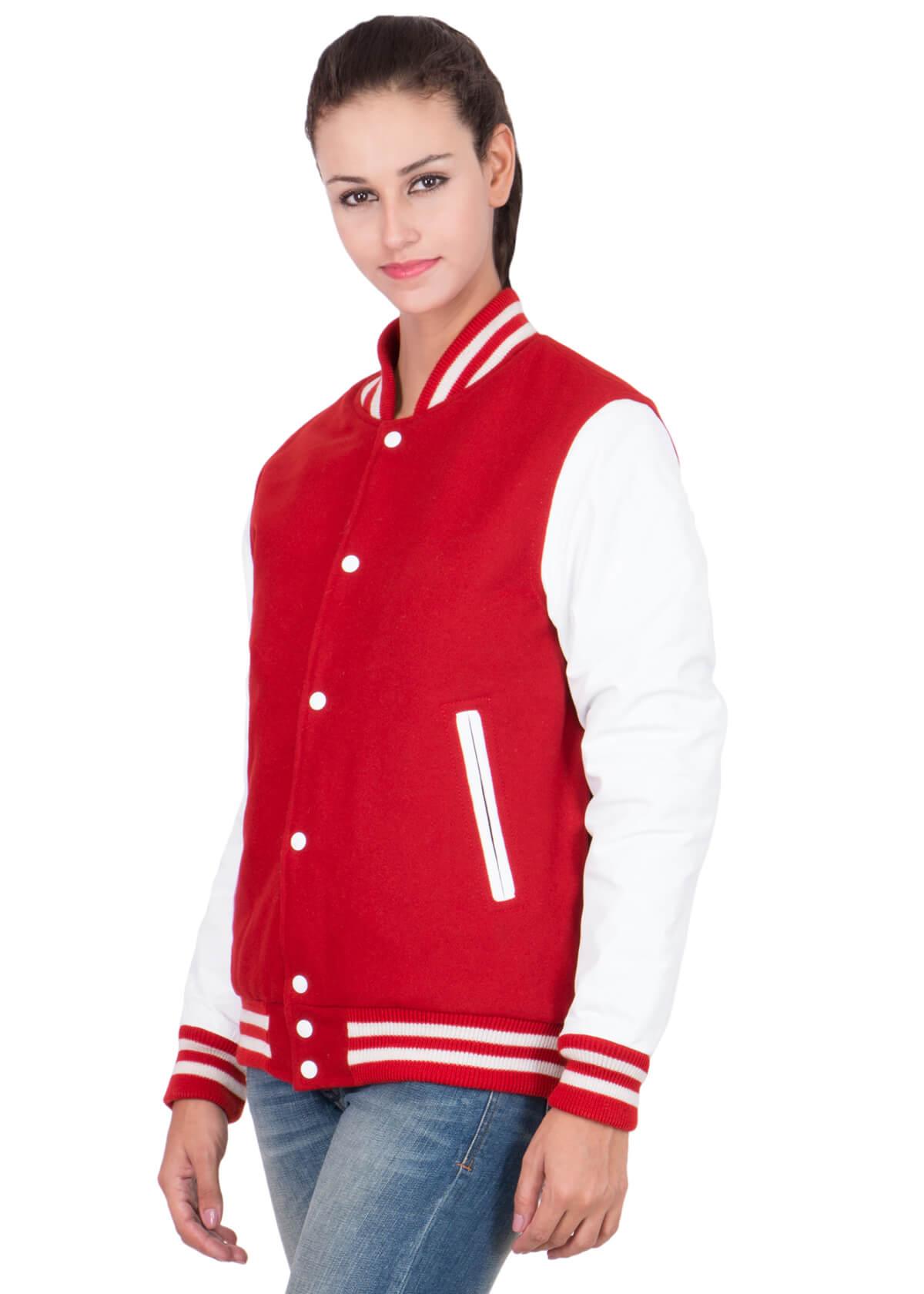 Womens Scarlet Red Varsity Jacket with White Leather Sleeves-4