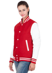 Womens Scarlet Red Varsity Jacket with White Leather Sleeves-4