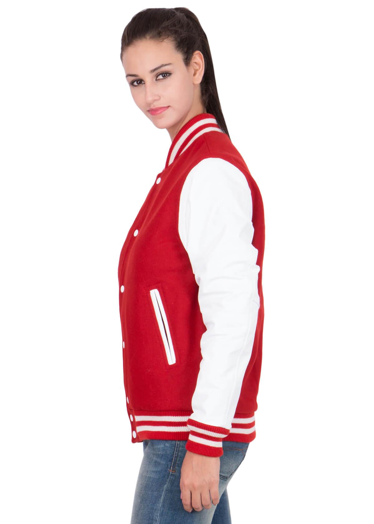 Womens Scarlet Red Varsity Jacket with White Leather Sleeves-6