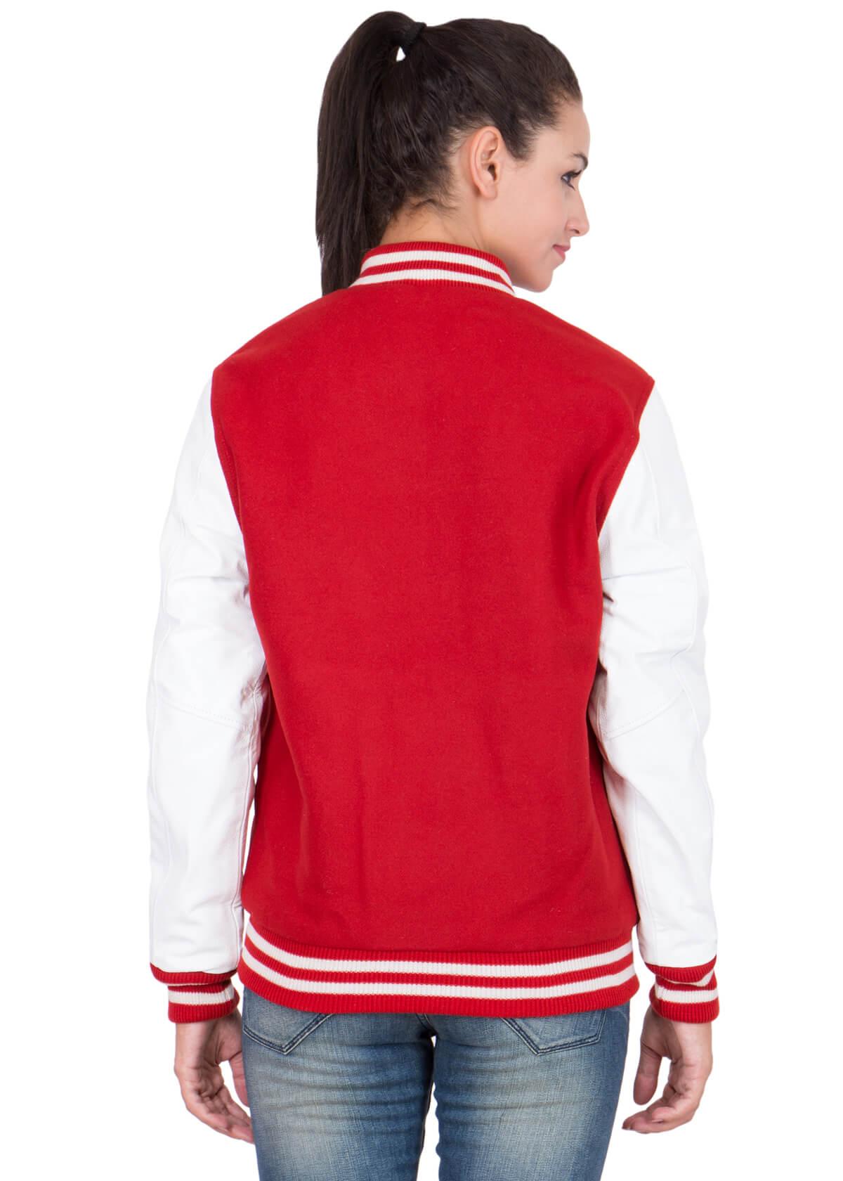 Womens Scarlet Red Varsity Jacket with White Leather Sleeves-7