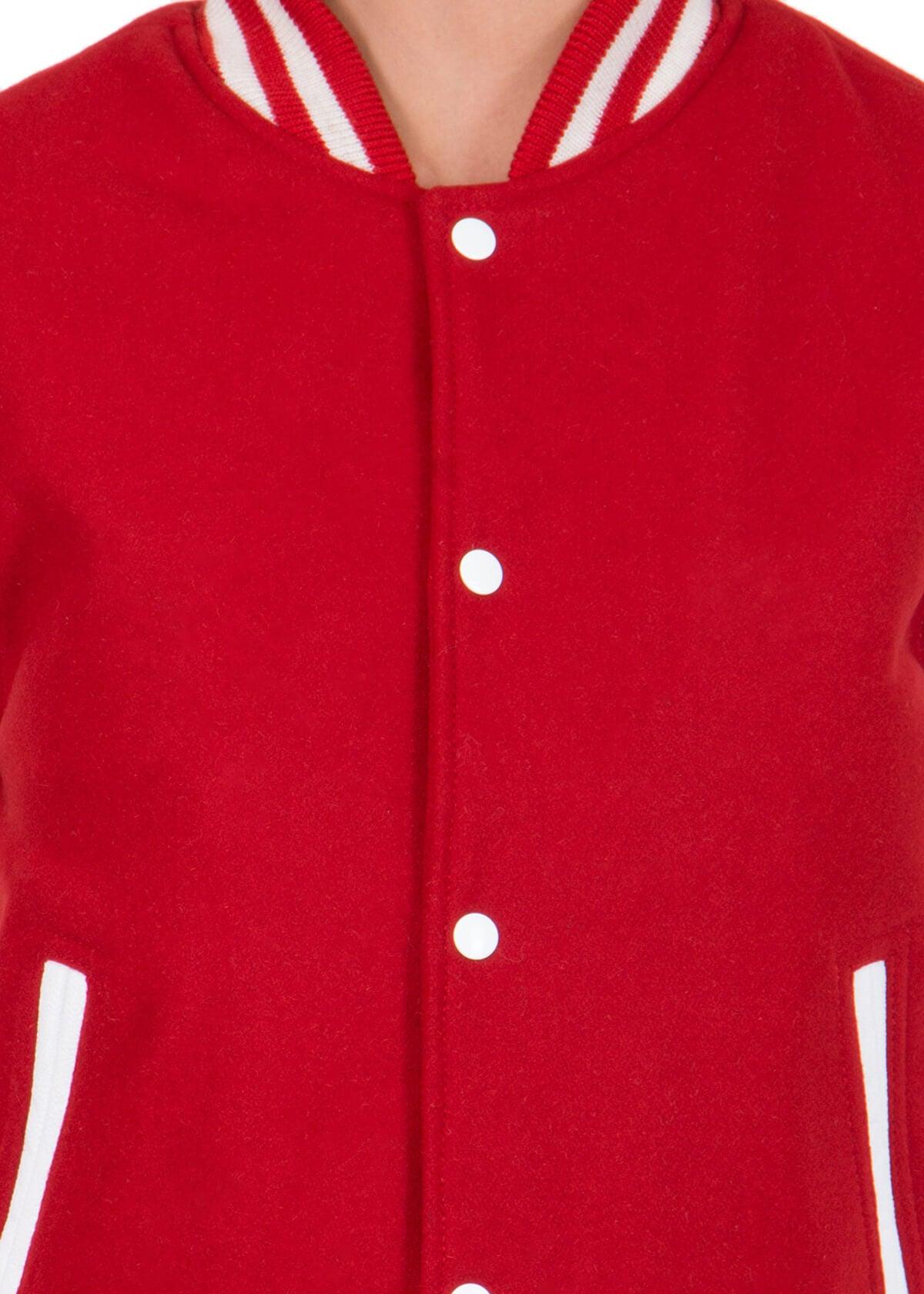 Womens Scarlet Red Varsity Jacket with White Leather Sleeves-8