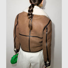 Womens Shearling Brown Aviator Leather Jacket Back