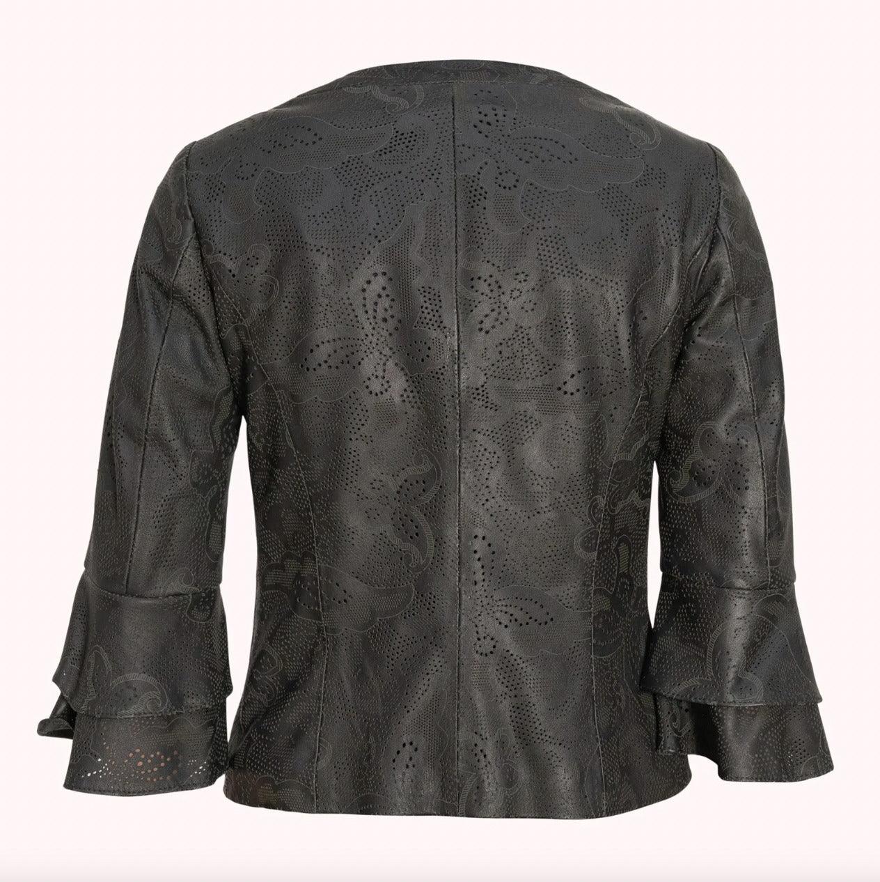Womens Short Laser Cut Grey Leather Jacket-4