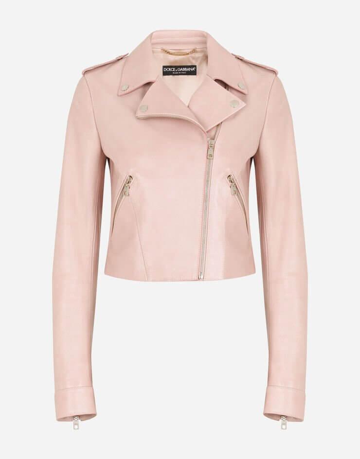 Womens Tab Collar Light Pink Biker Leather Jacket-2