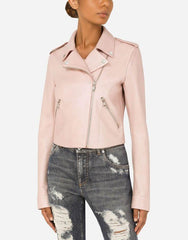 Womens Tab Collar Light Pink Biker Leather Jacket-3