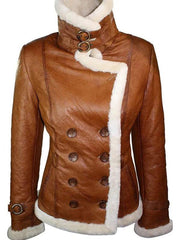Womens Tan Brown Double Breasted Shearling Jacket-1