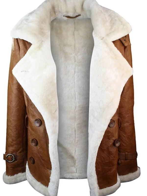 Womens Tan Brown Double Breasted Shearling Jacket-2